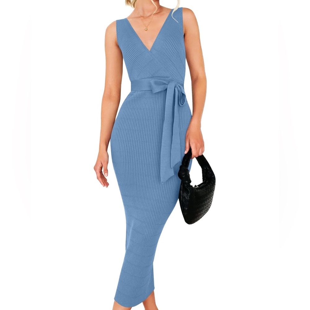 Cornflower Blue Sleeveless Wrap Sweater Dress